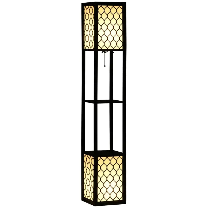 HOMCOM Floor Lamp with Shelves, Modern Tall Standing Lamps with Fabric Lampshade, Chain Switch and Dual Light for Living Room, Bedroom, Bulb not Included, Black