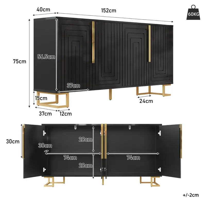 Stylish Sideboard with 2 Doors, 4 Shelves and Geometric Door Design, Durable Cabinet with Slim Metal Feet, 152L x 40W x 75H cm, Black
