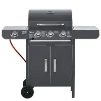 Outsunny 3+1 Burner Gas BBQ Grill, Outdoor Barbecue Trolley with Wheels, Warming Rack, Side Shelves, Cabinet, Thermometer for Garden, Party, Camping, 110L x 50W x 100Hcm, Grey