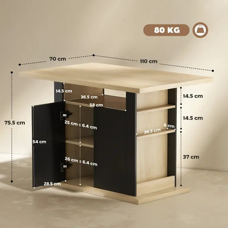 HOMCOM Kitchen Island with Spice Rack, Kitchen Storage with Large Tabletop for 4 People, Adjustable Shelves Black & Natura