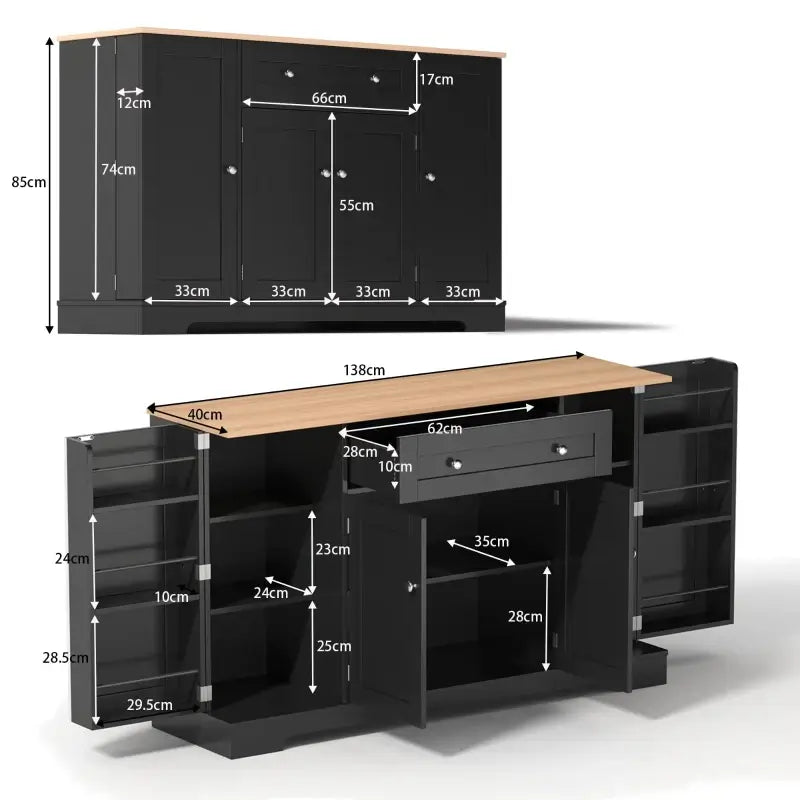 Multifunctional Kitchen Sideboard with Double-Door Compartment, Spacious Cabinet with Adjustable Shelves, 138L x 40W x 85H cm, Black