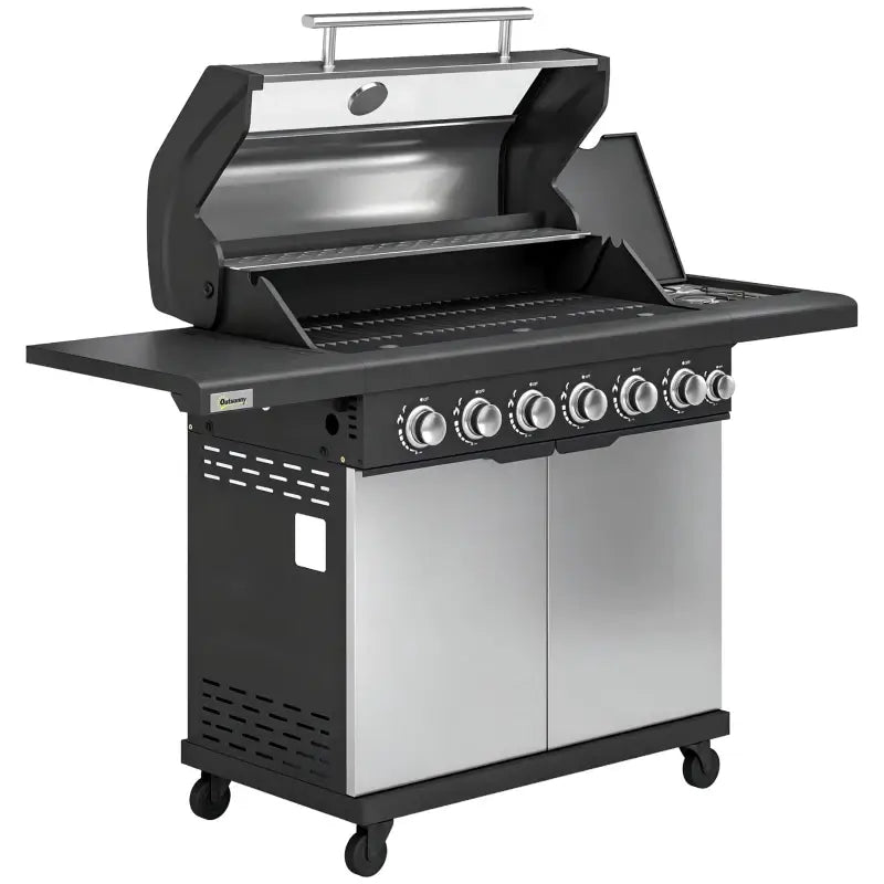 Outsunny 6+1 Burner Gas BBQ Grill, Outdoor Barbecue Trolley with Wheels, Warming Rack, Thermometer, Bottle Opener, Silver Tone