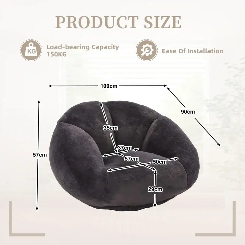 Shell-Shaped Bean Bag Chair with High-Rebound Memory Foam Filling, Ergonomic Floor Lounger with Faux Fur Removable Cover, 100L x 90W x 57H cm, Black