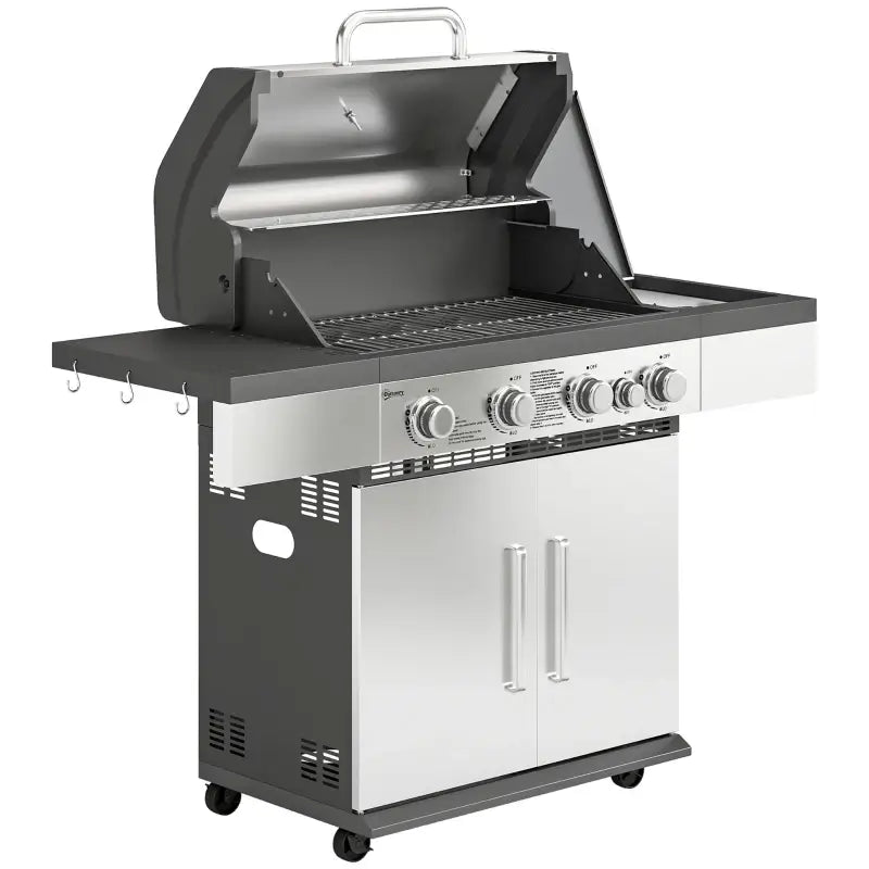Outsunny 4+1 Burner Gas BBQ Grill, Portable Gas Barbecue Grill with Side Burner, Warming Rack, Side Shelf, Storage Cabinet