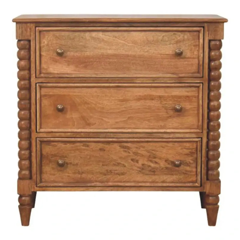 Solid Mango Wood Spindle Chest with 3 Drawers and Turned Spindle Legs, Bedside Cabinet with Ample Storage, 35L x 80W x 80H cm, Brown