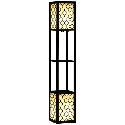 HOMCOM Floor Lamp with Shelves, Modern Tall Standing Lamps with Fabric Lampshade, Chain Switch and Dual Light for Living Room, Bedroom, Bulb not Included, Black