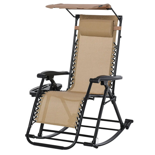Outsunny Garden Rocking Chair Folding Recliner Outdoor Adjustable Sun Lounger Rocker Zero-Gravity Seat with Headrest Side Holder Patio Deck - Beige