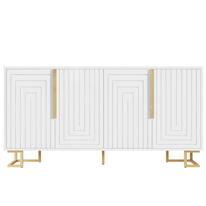 Stylish Sideboard with 2 Doors, 4 Shelves and Geometric Door Design, Durable Cabinet with Slim Metal Feet, 152L x 40W x 75H cm, White