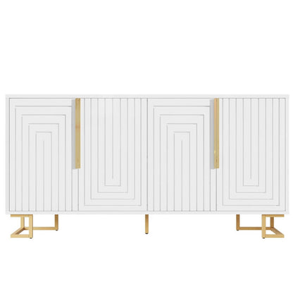 Stylish Sideboard with 2 Doors, 4 Shelves and Geometric Door Design, Durable Cabinet with Slim Metal Feet, 152L x 40W x 75H cm, White