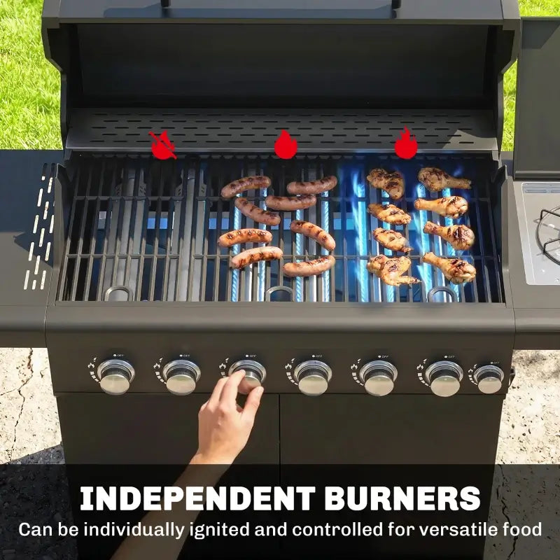 Outsunny 6+1 Burner Gas BBQ Grill, Outdoor Barbecue Trolley with Wheels, Warming Rack, Thermometer, Bottle Opener, Black