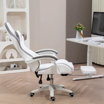 Vinsetto Computer Gaming Chair, PU Leather Desk Chair with Footrest, Swivel Task Chair with 135° Reclining Back and Lumbar Support, PC Chair for Adults, White and Grey