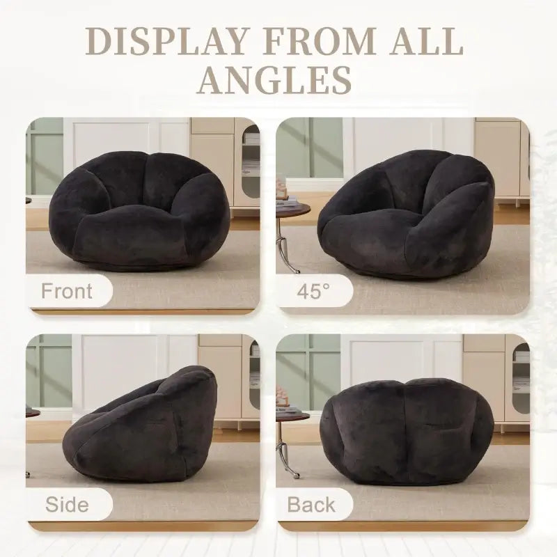 Shell-Shaped Bean Bag Chair with High-Rebound Memory Foam Filling, Ergonomic Floor Lounger with Faux Fur Removable Cover, 100L x 90W x 57H cm, Black