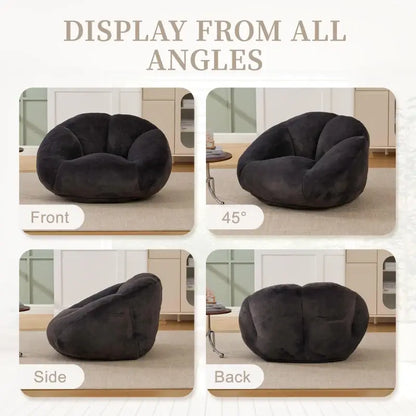 Shell-Shaped Bean Bag Chair with High-Rebound Memory Foam Filling, Ergonomic Floor Lounger with Faux Fur Removable Cover, 100L x 90W x 57H cm, Black