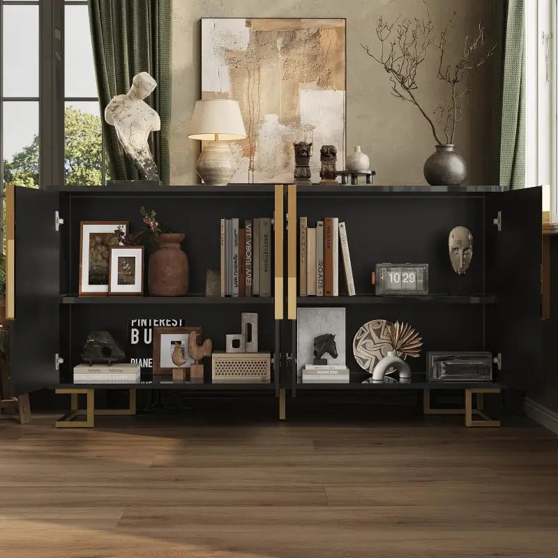 Stylish Sideboard with 2 Doors, 4 Shelves and Geometric Door Design, Durable Cabinet with Slim Metal Feet, 152L x 40W x 75H cm, Black