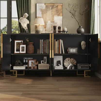 Stylish Sideboard with 2 Doors, 4 Shelves and Geometric Door Design, Durable Cabinet with Slim Metal Feet, 152L x 40W x 75H cm, Black