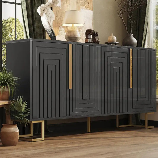 Stylish Sideboard with 2 Doors, 4 Shelves and Geometric Door Design, Durable Cabinet with Slim Metal Feet, 152L x 40W x 75H cm, Black