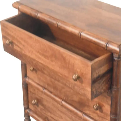 Solid Mango Wood 3-Drawer Chest with Turned Spindle Legs, Bedside Cabinet with Generous Organisation Drawers, 36L x 75W x 80H cm, Brown