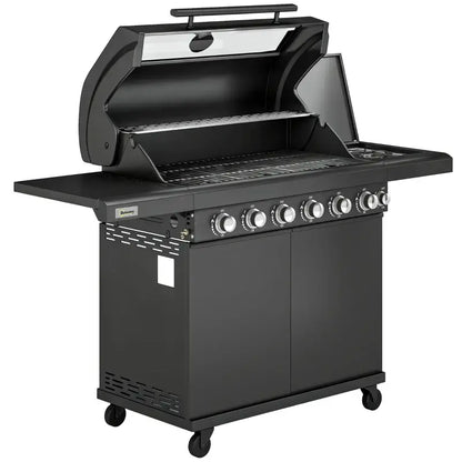 Outsunny 6+1 Burner Gas BBQ Grill, Outdoor Barbecue Trolley with Wheels, Warming Rack, Thermometer, Bottle Opener, Black