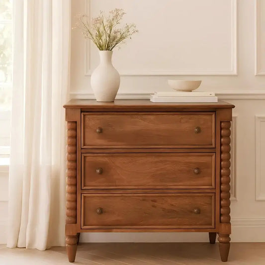 Solid Mango Wood Spindle Chest with 3 Drawers and Turned Spindle Legs, Bedside Cabinet with Ample Storage, 35L x 80W x 80H cm, Brown
