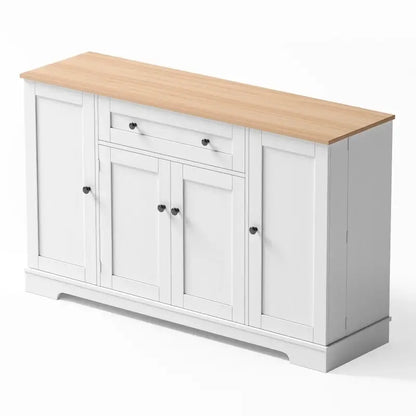 Multifunctional Kitchen Sideboard with Double-Door Compartment, Spacious Cabinet with Adjustable Shelves, 138L x 40W x 85H cm, Natural+White