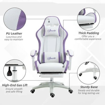 Vinsetto Computer Gaming Chair, PU Leather Office Desk Chair with Footrest, Swivel Wheels, 135° Reclining Back, Lumbar Support, Headrest for Home, White and Purple
