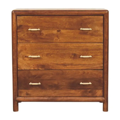 Solid Wood Regency 3-Drawer Chest with Generous Organisation and Elegant Circular Silhouette, Table for Living Room, 35L x 75W x 80H cm, Brown