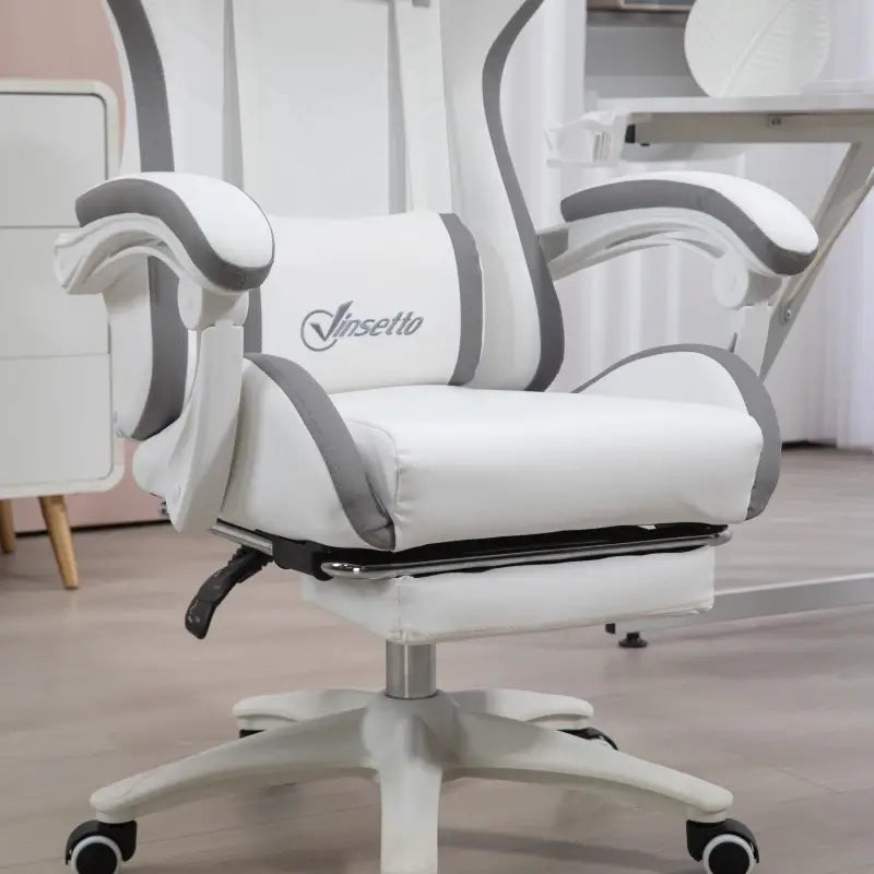 Vinsetto Computer Gaming Chair, PU Leather Desk Chair with Footrest, Swivel Task Chair with 135° Reclining Back and Lumbar Support, PC Chair for Adults, White and Grey