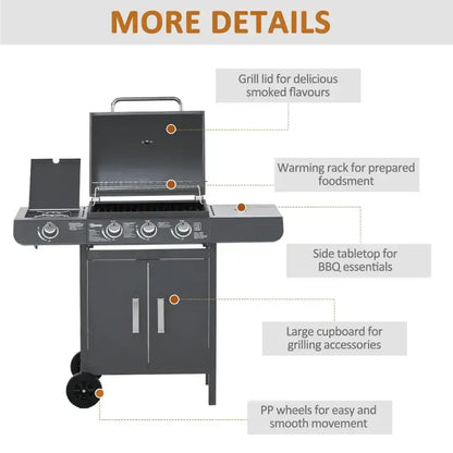 Outsunny 4+1 Burner Gas BBQ Grill, Outdoor Barbecue Trolley with Wheels, Warming Rack, Side Shelves, Cabinet, Thermometer for Garden, Party, Camping, 125 L x 51 W x 100 H cm, Black