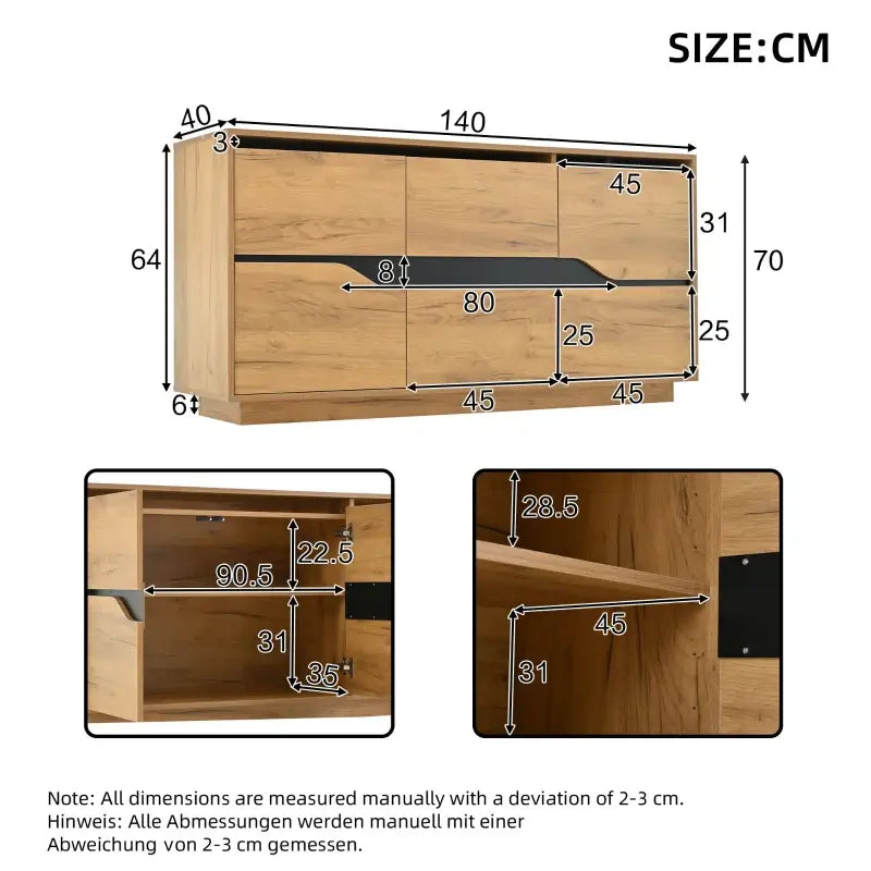 Modern Storage Cabinet with Soft-Close Hinges & Adjustable Shelves, Multifunctional Sideboard for Living Areas, 140L x 40W x 70H cm, Wood