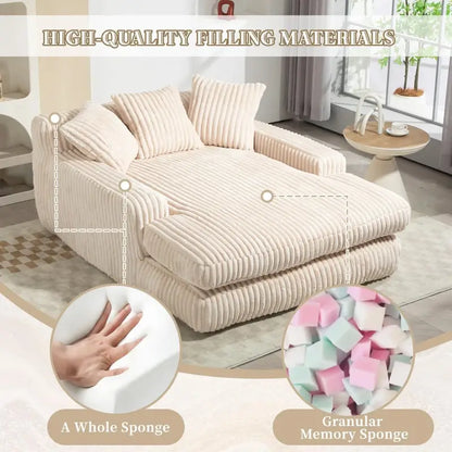 Oversized Chaise Longue Sofa with 3 Throw Cushions and Wide Armrests, Chair with Shredded Memory Foam Seat, 155L x 125W x 63H cm, Beige