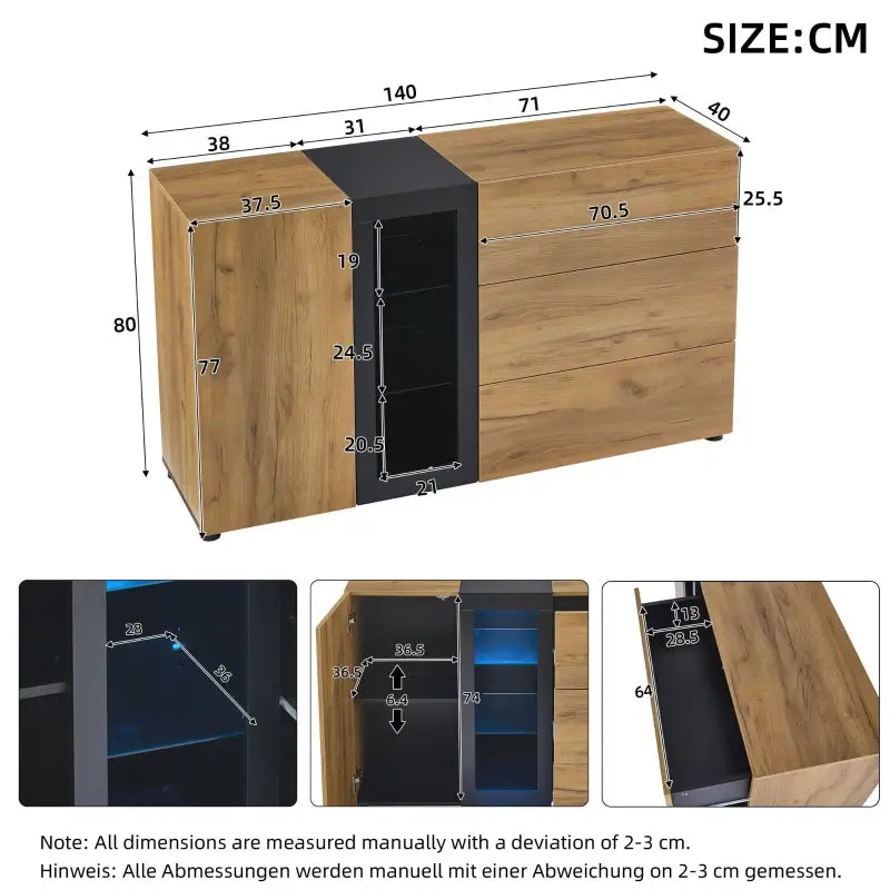 Modern Sideboard with 3 Drawers, LED Lighting, Storage Cabinet with Adjustable Glass Shelves, 140L x 40W x 80H cm, Black+Brown