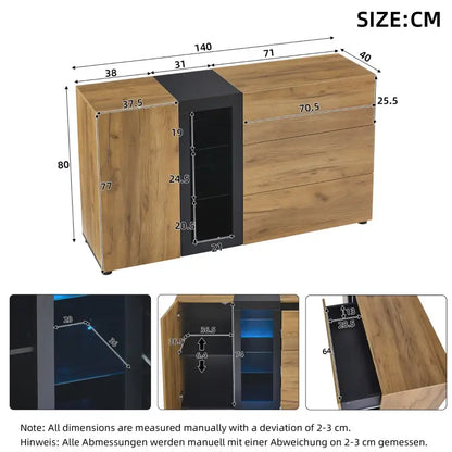 Modern Sideboard with 3 Drawers, LED Lighting, Storage Cabinet with Adjustable Glass Shelves, 140L x 40W x 80H cm, Black+Brown