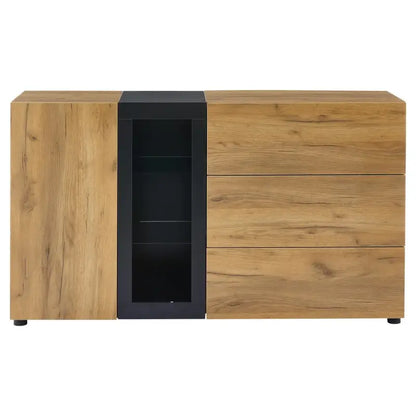 Modern Sideboard with 3 Drawers, LED Lighting, Storage Cabinet with Adjustable Glass Shelves, 140L x 40W x 80H cm, Black+Brown
