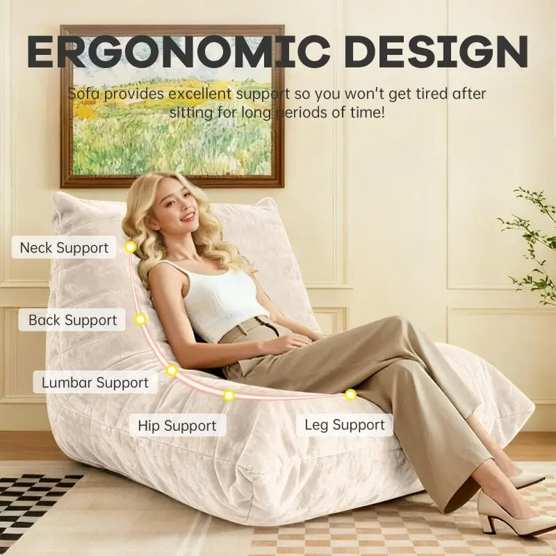 Soft Bean Bag Lazy Sofa with Ergonomic Full-Body Support, Couch with High-Rebound, Stain-Resistant Sponge, 110L x 90W x 67H cm, White