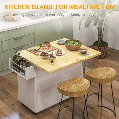 HOMCOM Kitchen Island on Wheels, Rolling Kitchen Storage Trolley with Drop Leaf, Drawers, Towel and Spice Rack, White
