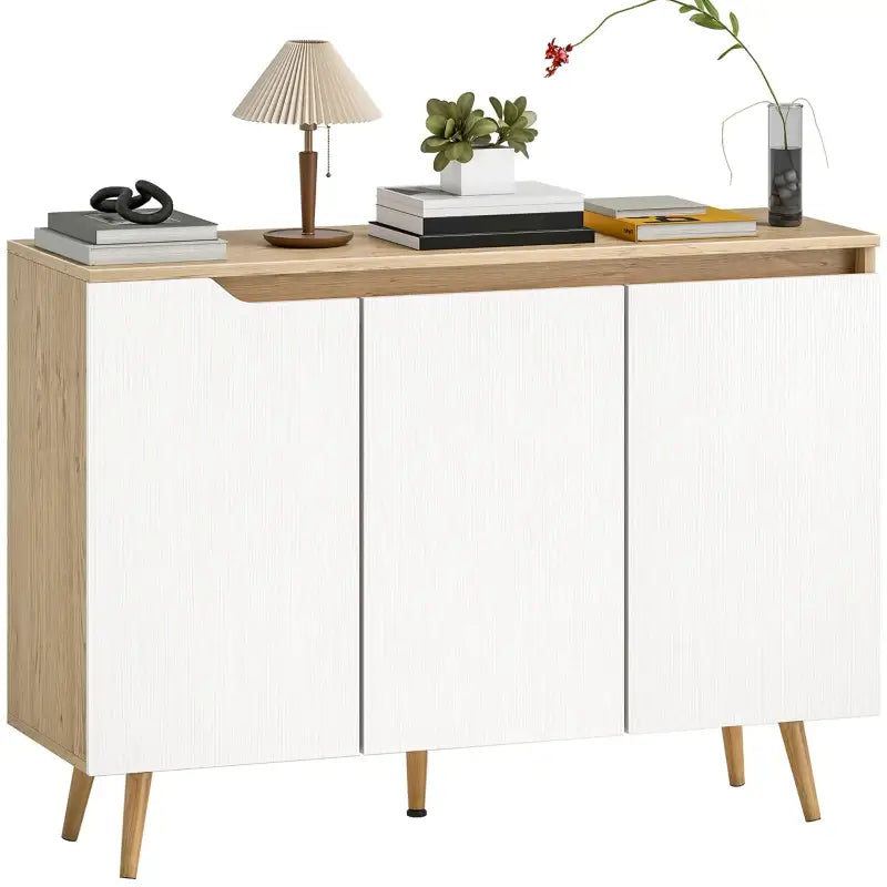 HOMCOM Sideboard Storage Cabinet, Kitchen Cupboard with 3 Doors, 2 Adjustable Shelves and 5 Rubberwood Legs, White and Oak
