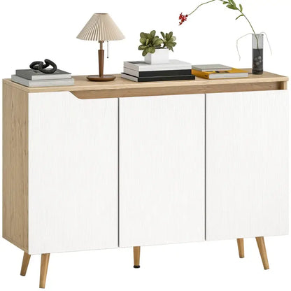 HOMCOM Sideboard Storage Cabinet, Kitchen Cupboard with 3 Doors, 2 Adjustable Shelves and 5 Rubberwood Legs, White and Oak