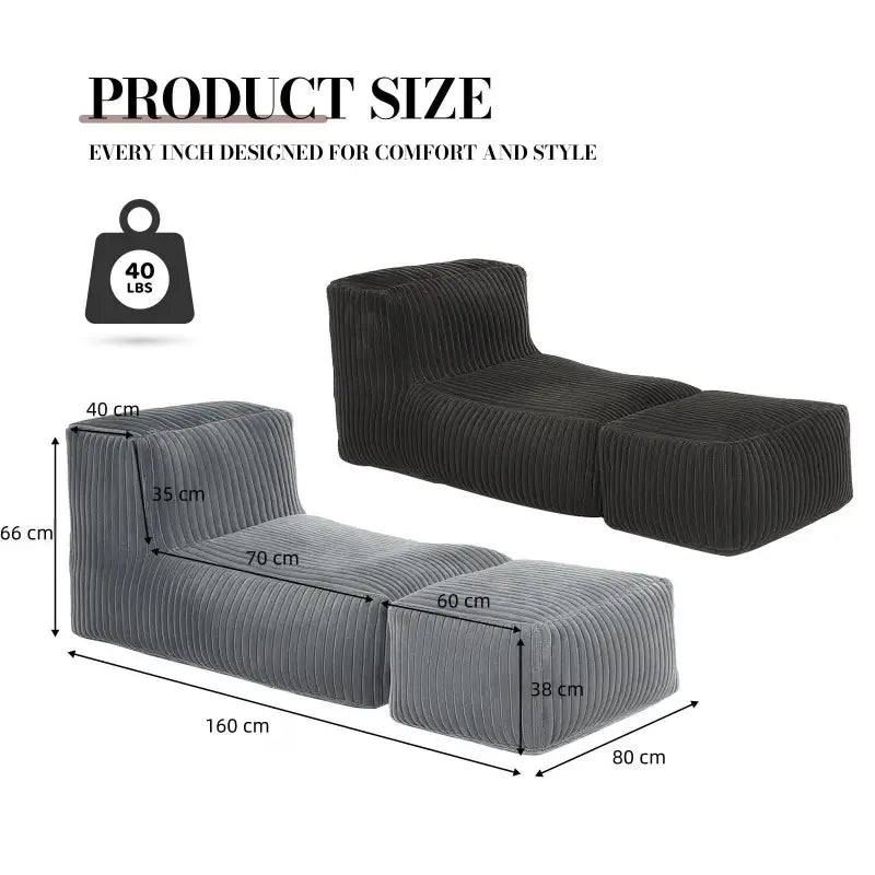 Modular Bean Bag Sofa with Ottoman and Removable Machine-Washable Cover, Couch with High-Density Foam, 160L x 80W x 66H cm, Light Gray