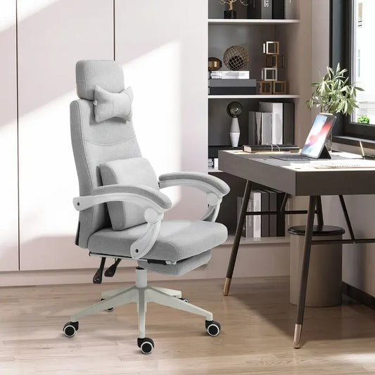 Vinsetto Office Chair, High Back Fabric Work Chair with 160° Reclining Backrest, Retractable Footrest, Neck and Lumbar Pillow, Light Grey