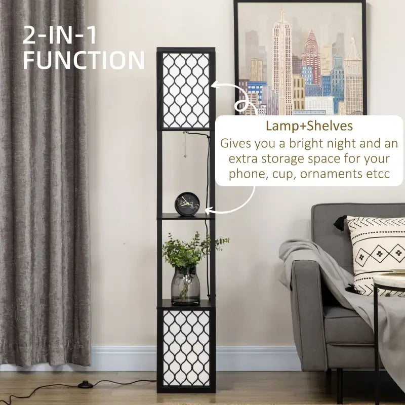 HOMCOM Floor Lamp with Shelves, Modern Tall Standing Lamps with Fabric Lampshade, Chain Switch and Dual Light for Living Room, Bedroom, Bulb not Included, Black