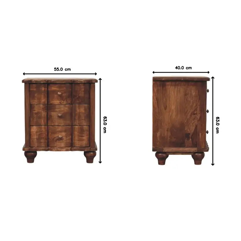 Solid Mango Wood Chest of Drawers with 3 Spacious Drawers and Turned Legs, Bedside Cabinet for Living Room, 40L x 85W x 83H cm, Brown
