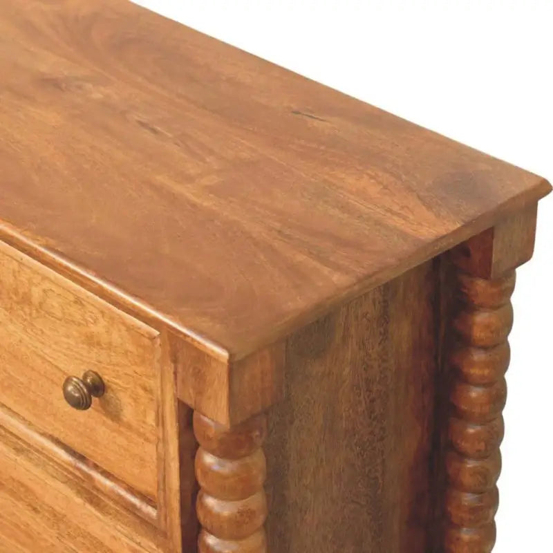 Solid Mango Wood Spindle Chest with 3 Drawers and Turned Spindle Legs, Bedside Cabinet with Ample Storage, 35L x 80W x 80H cm, Brown