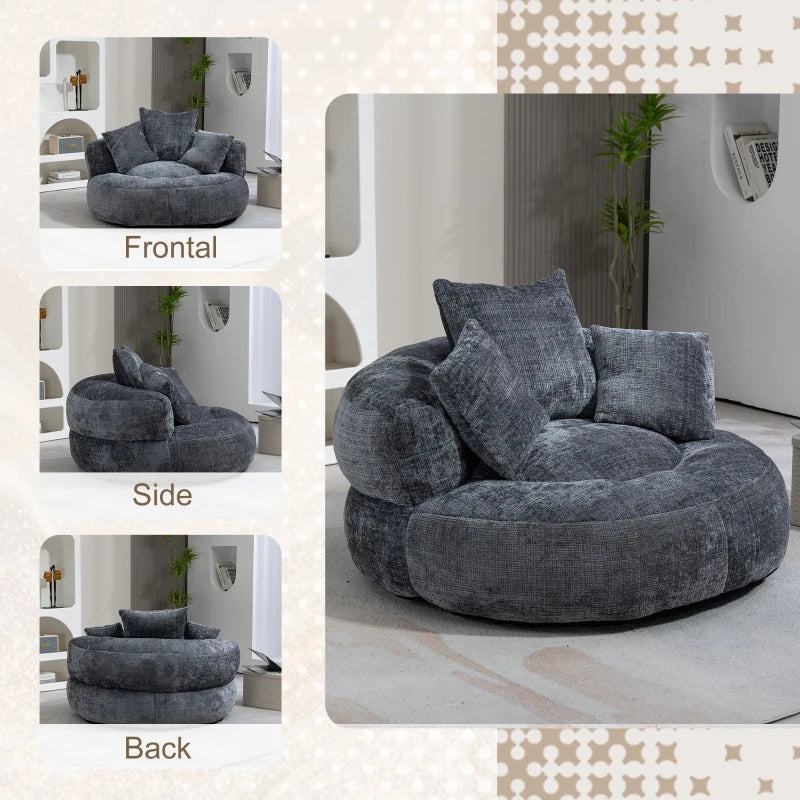 Chenille Bean Bag Chair with Memory Foam Filling, High Back Lounger with Three Pillows for Adults and Kids, 108L x 108W x 52H cm, Gray