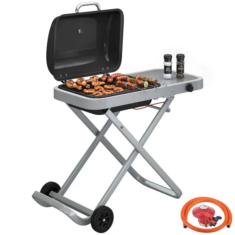 Outsunny Foldable Gas BBQ Grill with Side Table, Portable Gas Barbecue Grill with Thermometer, Grease Box, Wheels, 2.5 kW, Black