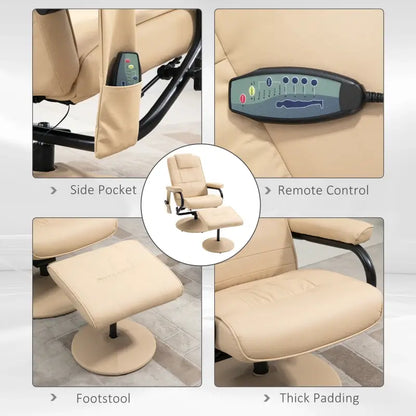 HOMCOM Swivel Recliner Chair and Footstool, Faux Leather Massage Recliner Armchair with Remote Control and Round Wrapped Base, Beige