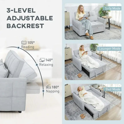 HOMCOM 2 Seater Sofa Bed, 3-in-1 Convertible Sleeper Sofa with Click-clack Adjustable Backrest and 2 Pillows, Light Grey