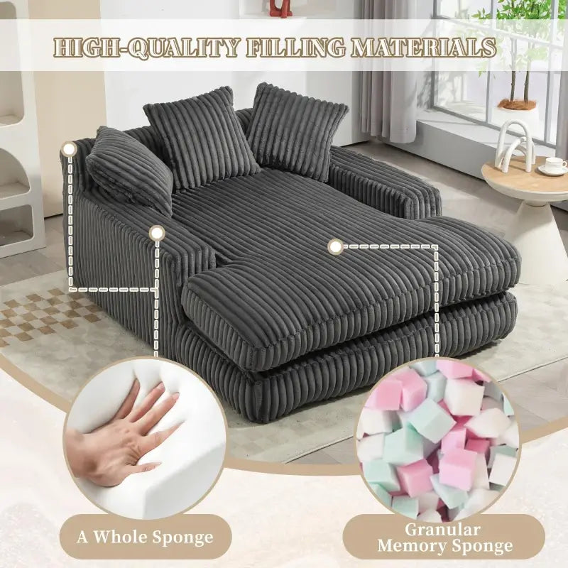 Oversized Chaise Longue Sofa with 3 Throw Cushions and Wide Armrests, Chair with Shredded Memory Foam Seat, 155L x 125W x 63H cm, Dark Gray
