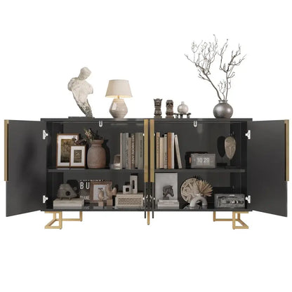 Stylish Sideboard with 2 Doors, 4 Shelves and Geometric Door Design, Durable Cabinet with Slim Metal Feet, 152L x 40W x 75H cm, Black