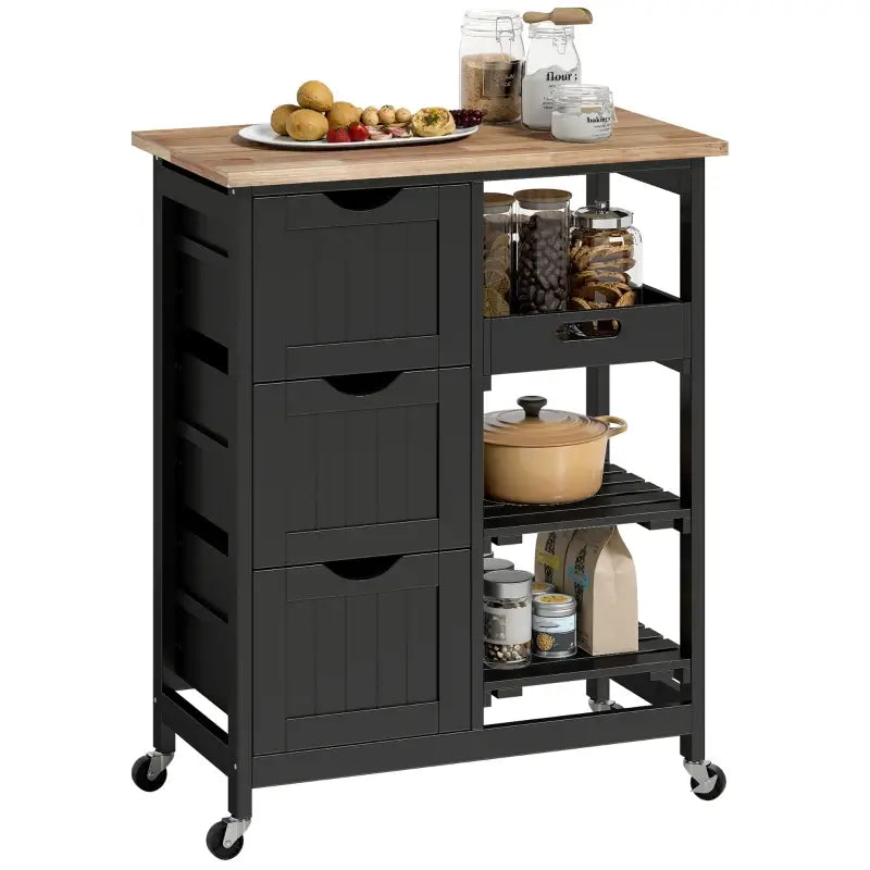 HOMCOM Rolling Kitchen Island Cart, Bar Serving Cart, Compact Trolley on Wheels with Wood Top, Shelves & Drawers for Home Dining Area, Black