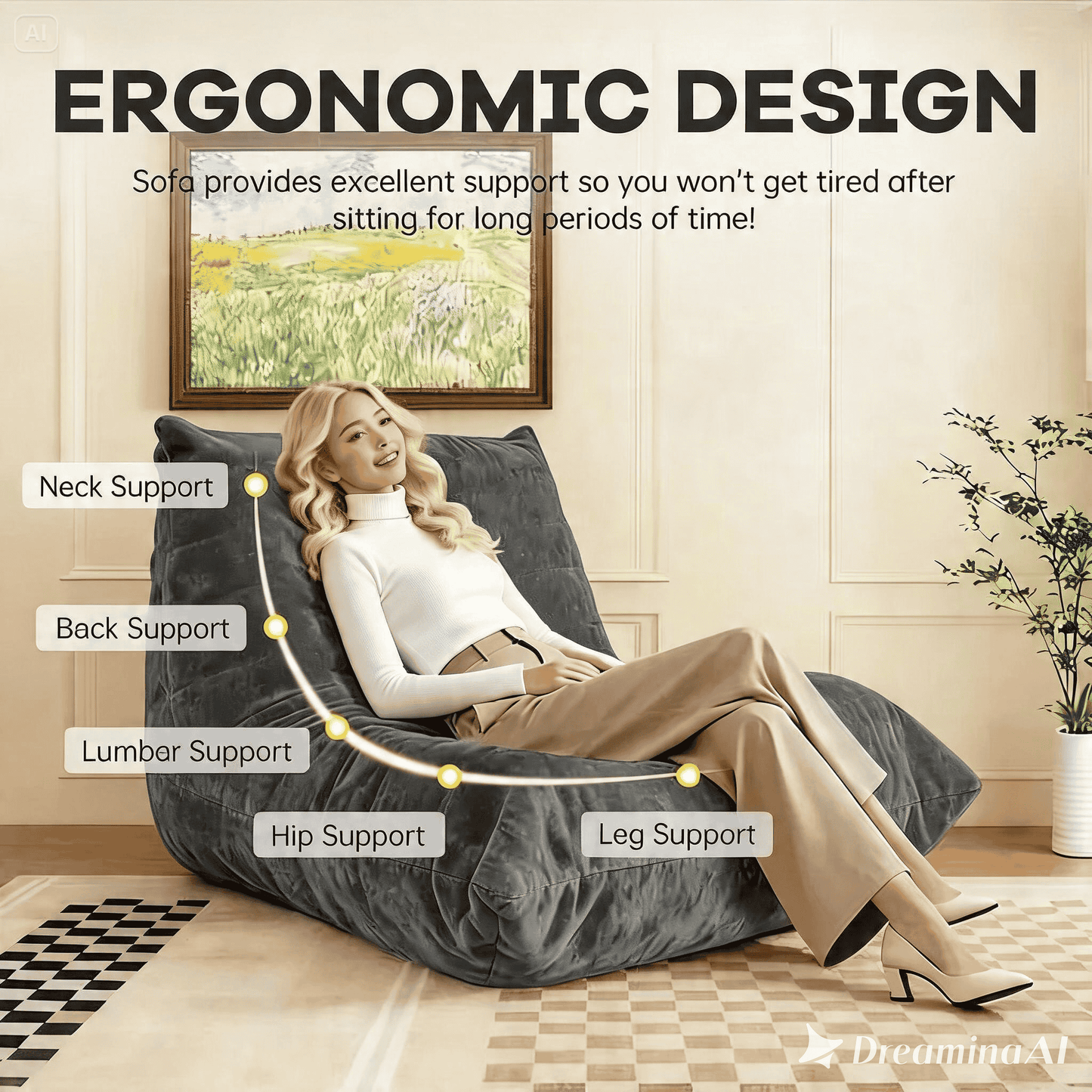 Modern Bean Bag Lazy Sofa with Stylish Chenille Finish, Ergonomic Bean Bag Chair for Compact Spaces, 110L x 90W x 67H cm, Dark Gray